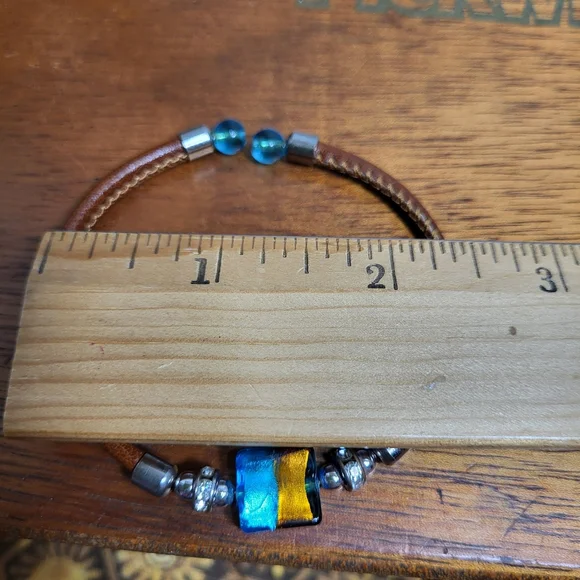 Amber and Blue Dichroic Glass Faux Leather and Rhinestone Tension Bracelet - Picture 10 of 12